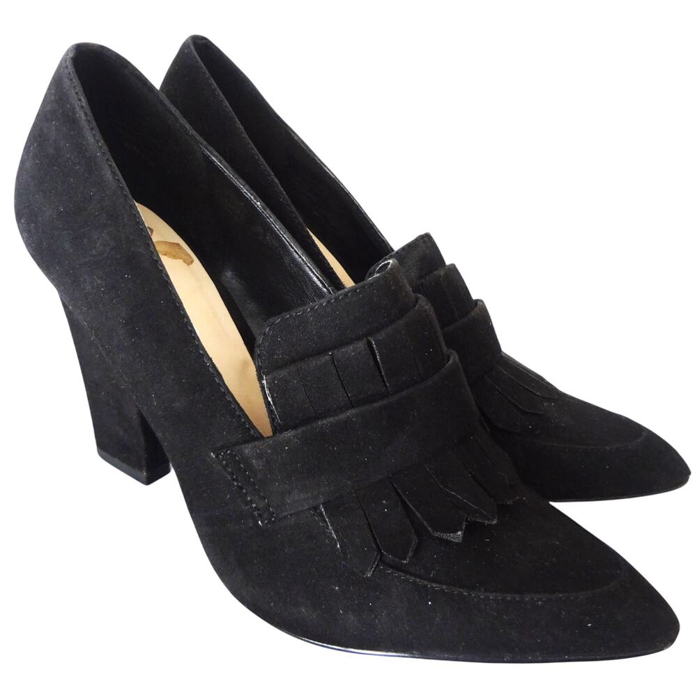 Nine West Black Suede Kiltie Fringe Loafer Womens 6 Pump Block Heel Pointed Toe